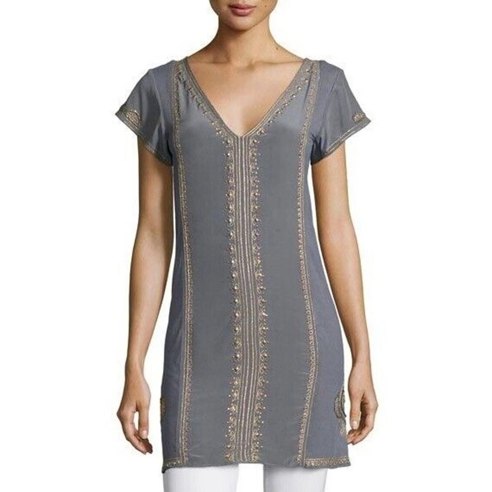 Calypso St. Barth Grey Embroidered Silk Mini Dress